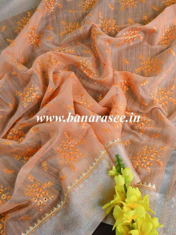 Banarasee Linen Cotton Saree With Embroidered Buta & Silver Zari Border-Peach