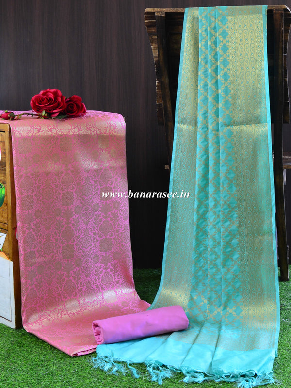Banarasee Art Silk  Salwar Kameez Fabric With Contrast Dupatta-Pink & Green
