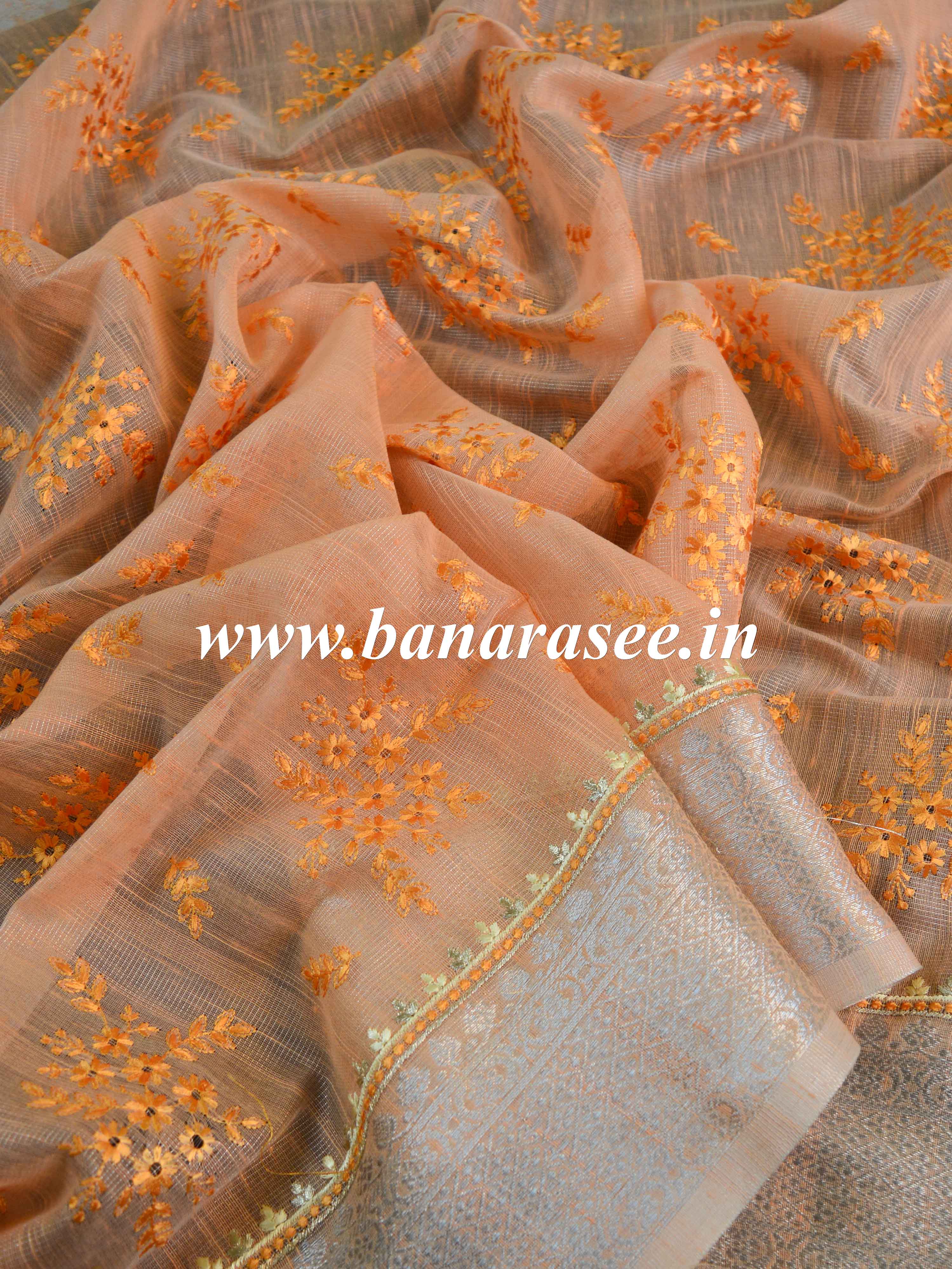 Banarasee Linen Cotton Saree With Embroidered Buta & Silver Zari Border-Peach
