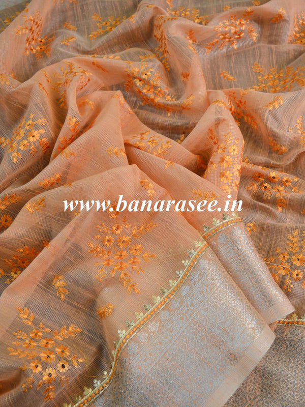 Banarasee Linen Cotton Saree With Embroidered Buta & Silver Zari Border-Peach