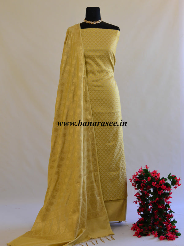 Banarasee Salwar Kameez Cotton Silk Gold Zari Buti Woven Fabric-Beige