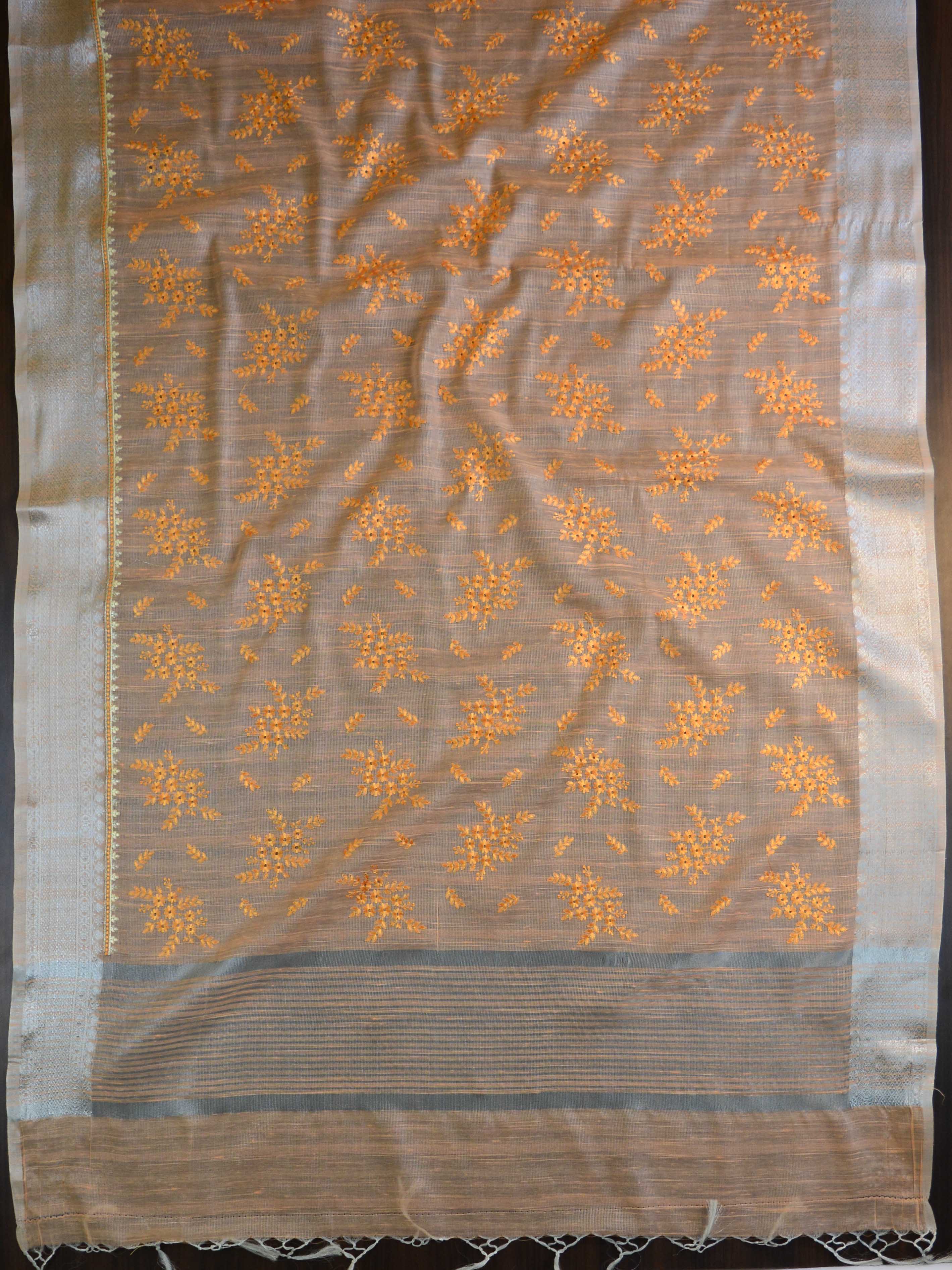 Banarasee Linen Cotton Saree With Embroidered Buta & Silver Zari Border-Peach
