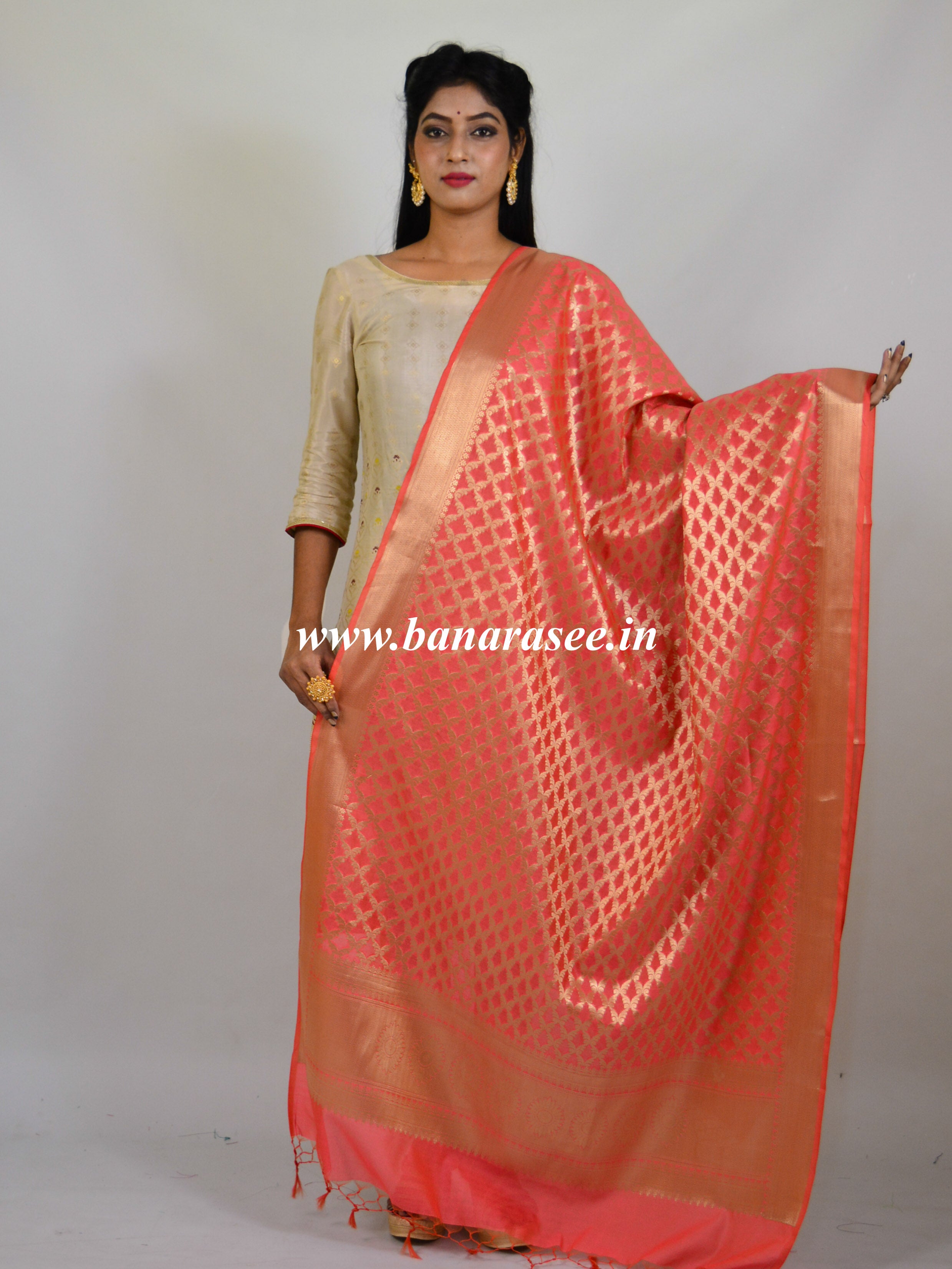 Banarasee Art Silk Dupatta With Gold Zari Jaal Design-Peach