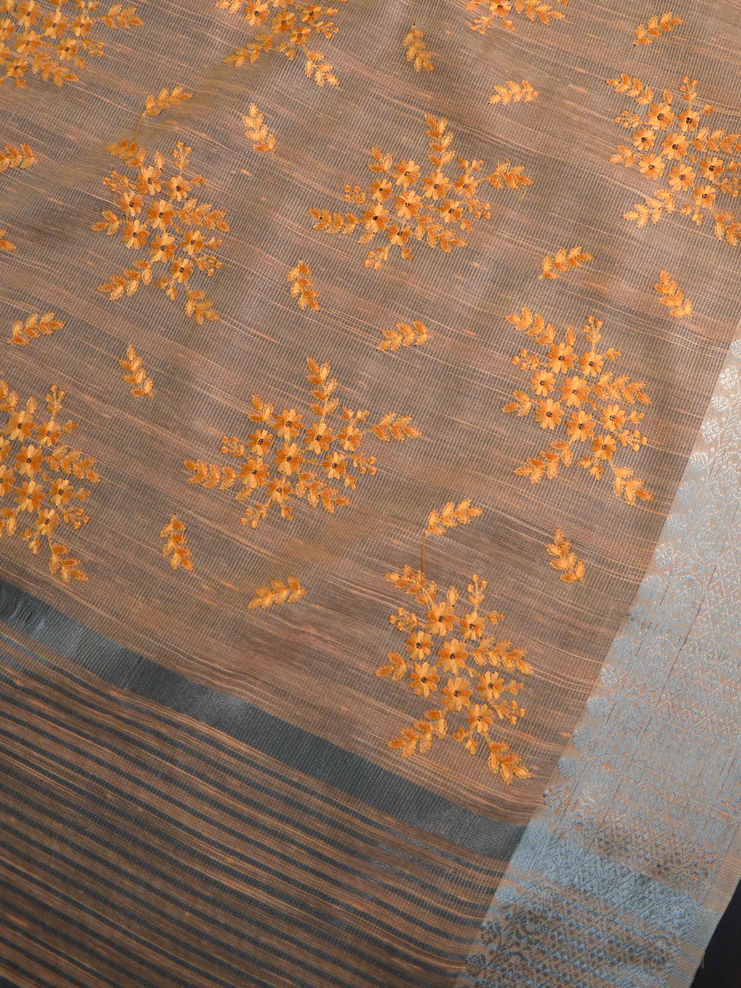 Banarasee Linen Cotton Saree With Embroidered Buta & Silver Zari Border-Peach