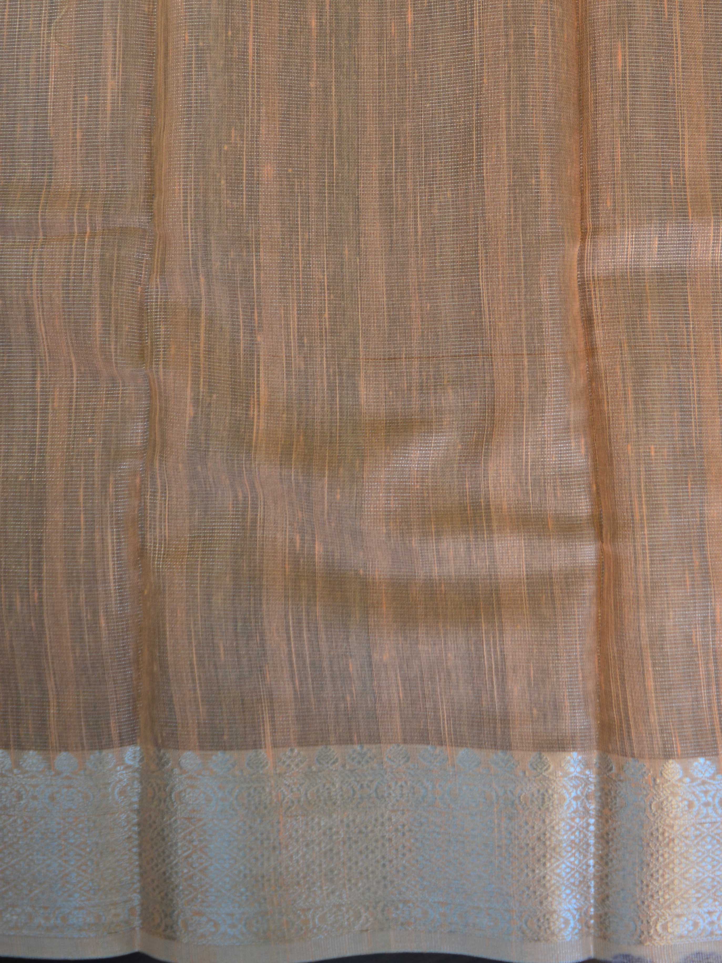 Banarasee Linen Cotton Saree With Embroidered Buta & Silver Zari Border-Peach