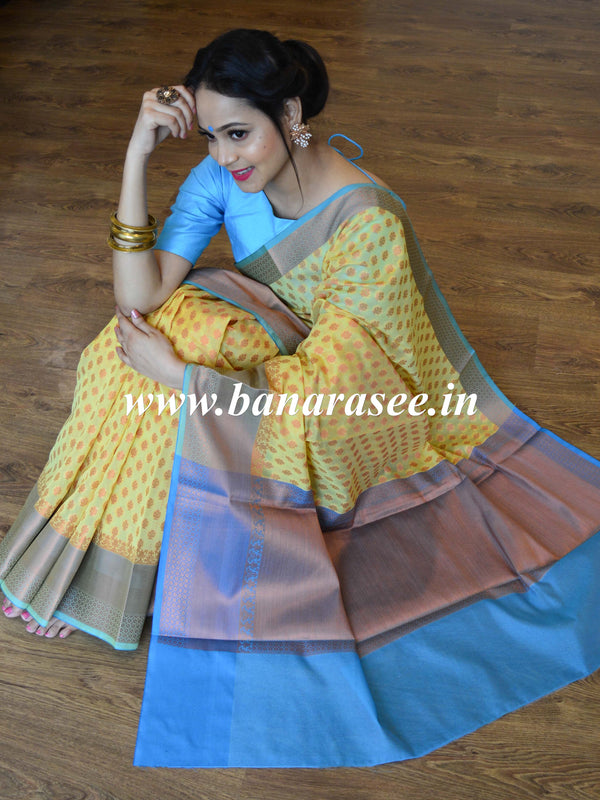 Banarasee Cotton Silk Mix Saree With Zari Buti Design-Yellow