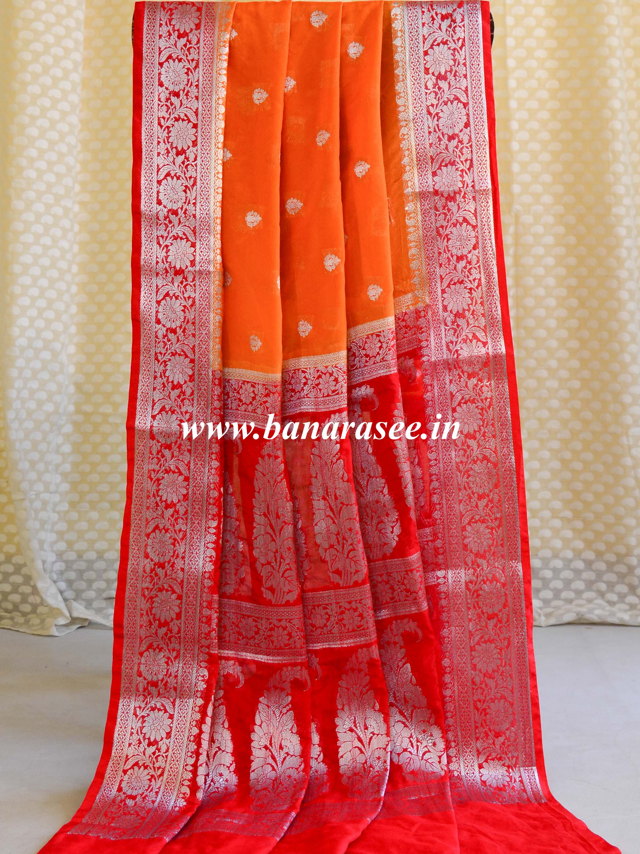 Banarasee Handwoven Semi-Chiffon Saree With Silver Zari-Orange & Red