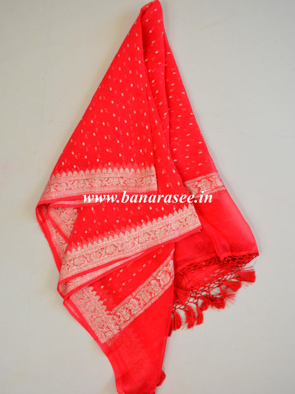 Banarasee Handwoven Pure Chiffon Dupatta Buti Design In Silver Zari-Red