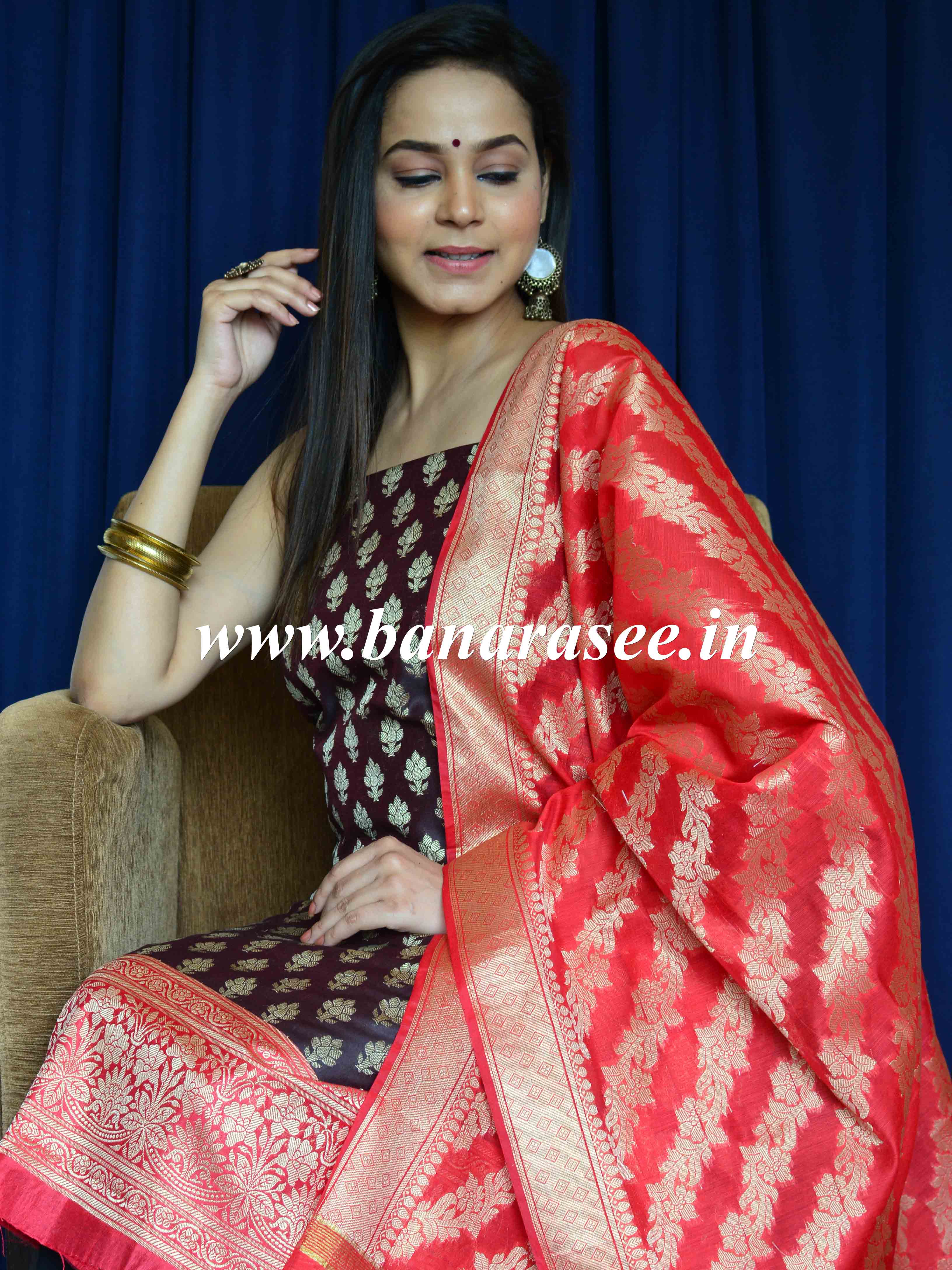 Banarasee Chanderi Cotton Zari Buta Contrast Border Design Salwar Kameez & Dupatta Set-Wine & Red