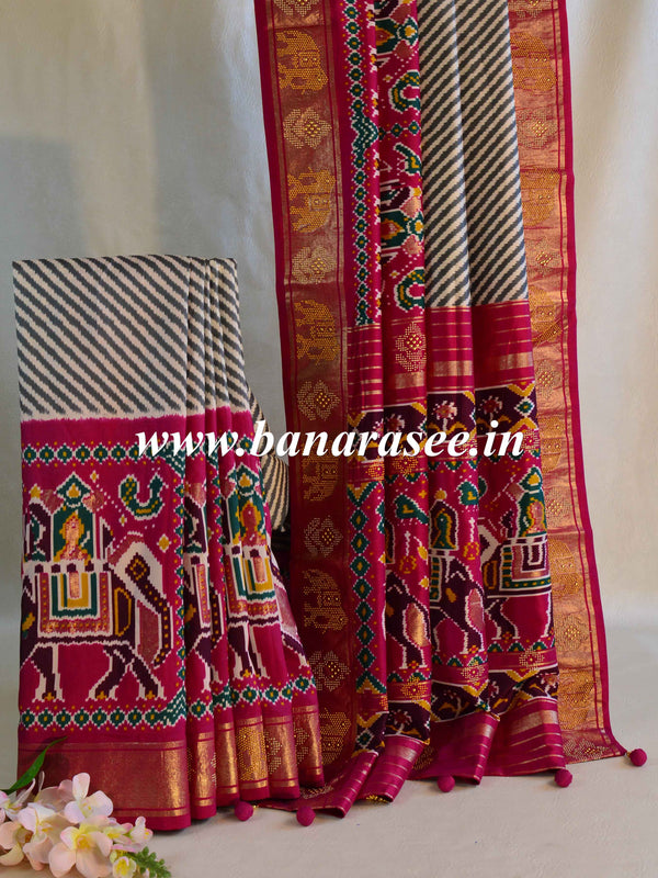 Banarasee Soft Silk Patola Saree With Zari Border-White & Pink