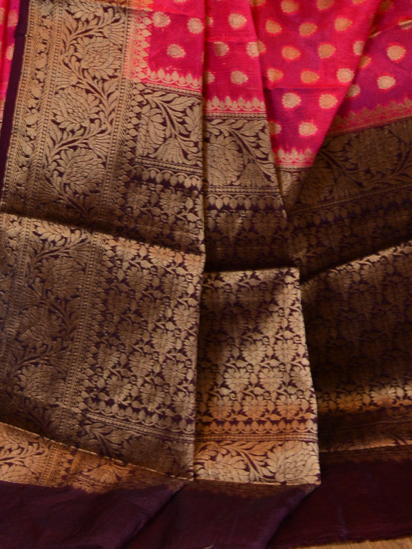 Banarasee Handwoven Semi-Chiffon Saree With Floral Zari Design-Pink & Brown