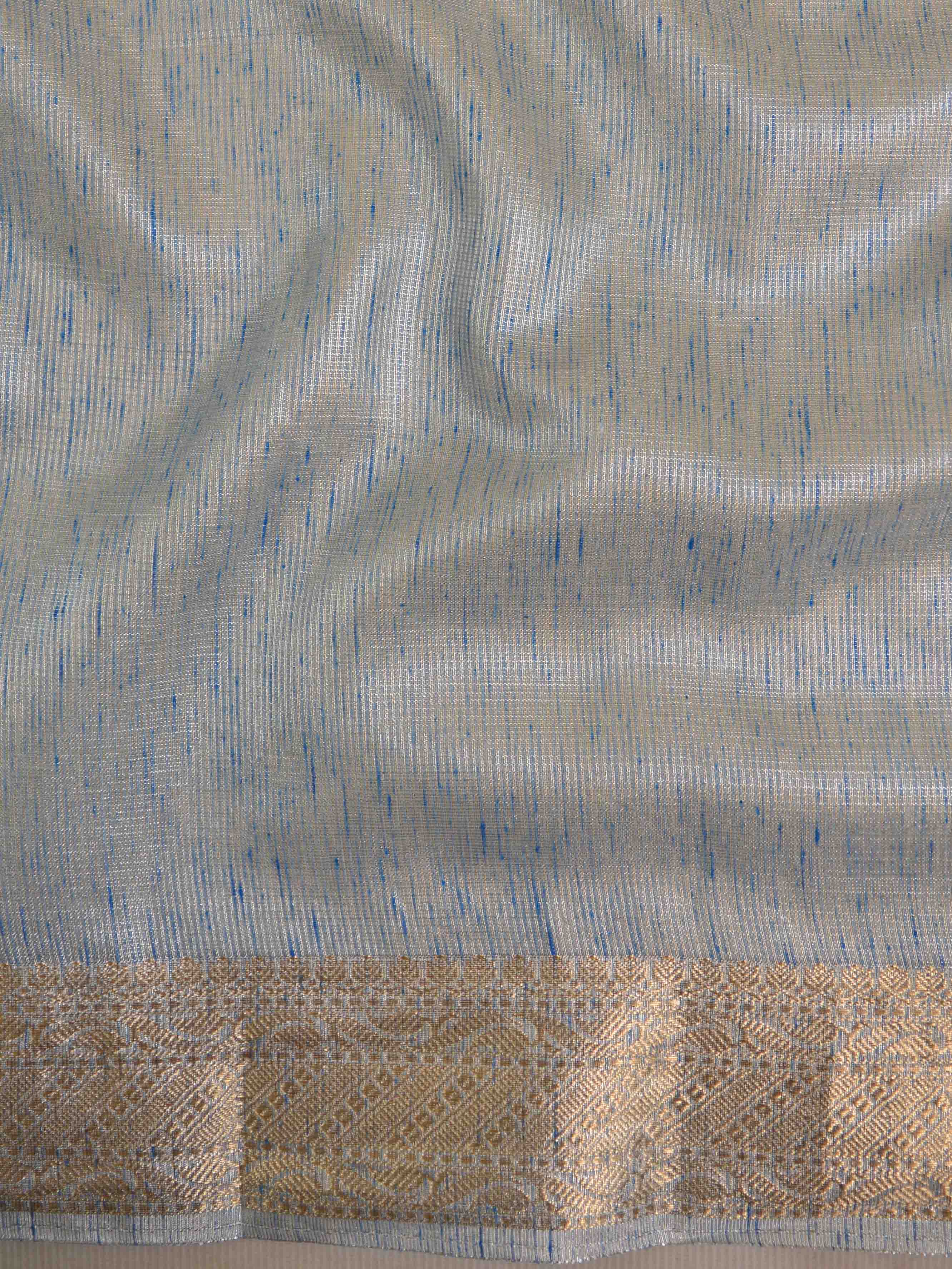 Banarasee Handwoven Broad Border Silver Zari Tissue Saree-Blue