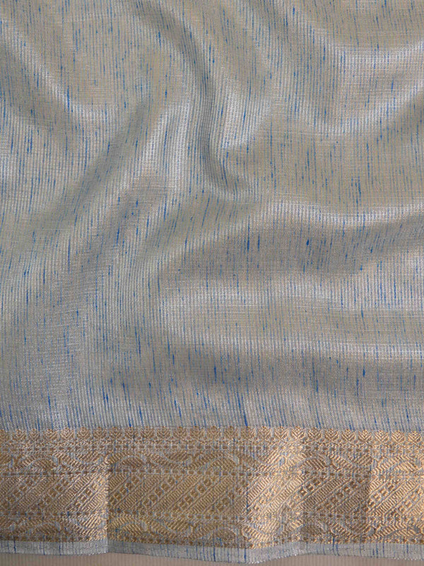 Banarasee Handwoven Broad Border Silver Zari Tissue Saree-Blue