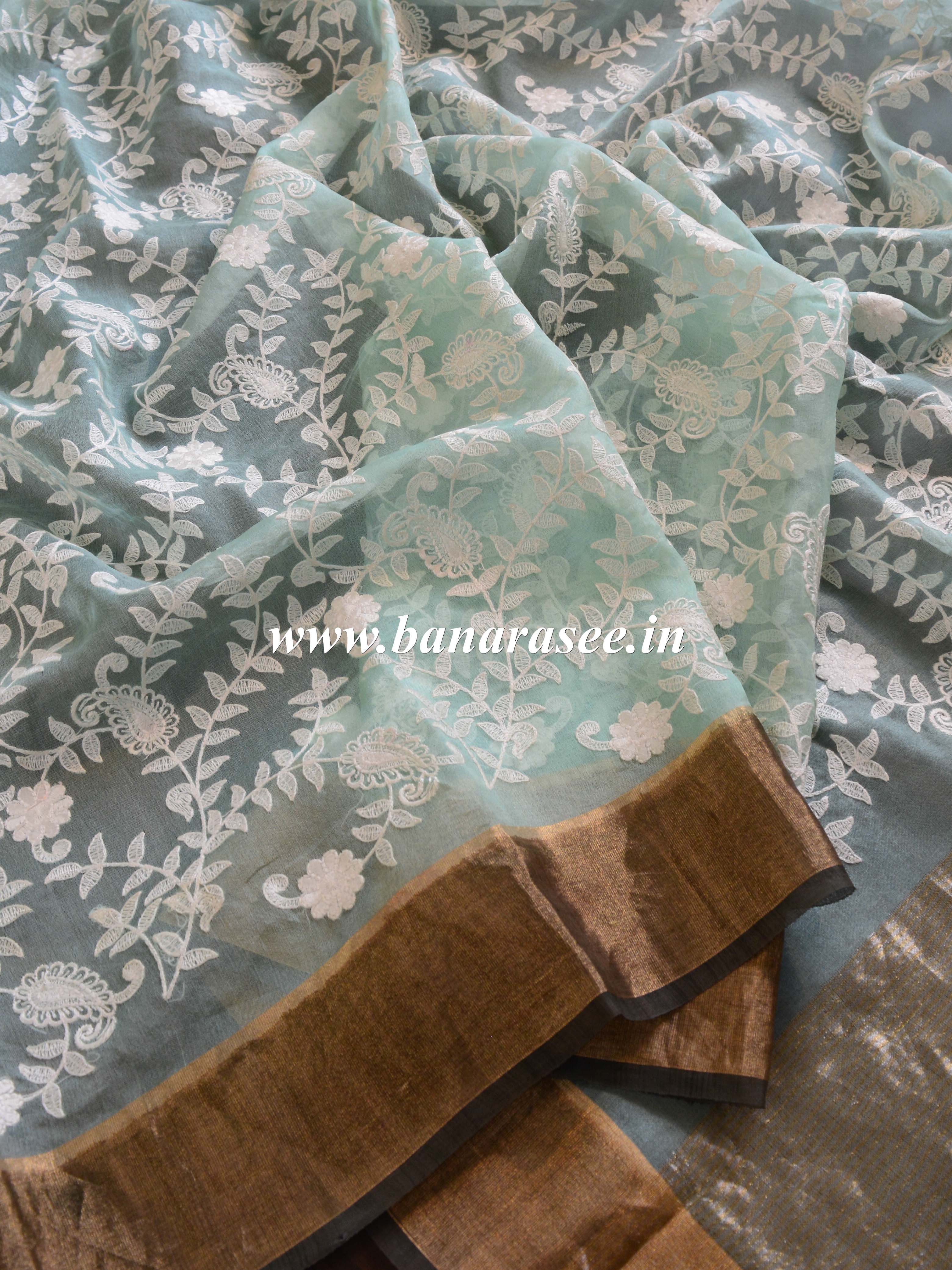 Banarasee Handwoven Pure Silk Cotton Chikankari Embroidery Saree-Green