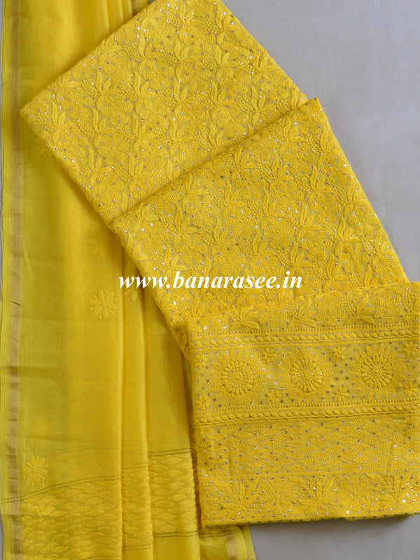 Chikankari & Zari Work Banarasee Chanderi Silk Dupatta Kameez Set-Yellow