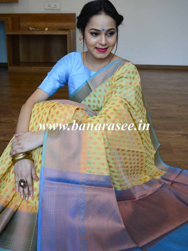 Banarasee Cotton Silk Mix Saree With Zari Buti Design-Yellow