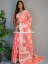 Banarasee Cotton Silk Saree With  Silver Zari Buta & Border-Peach