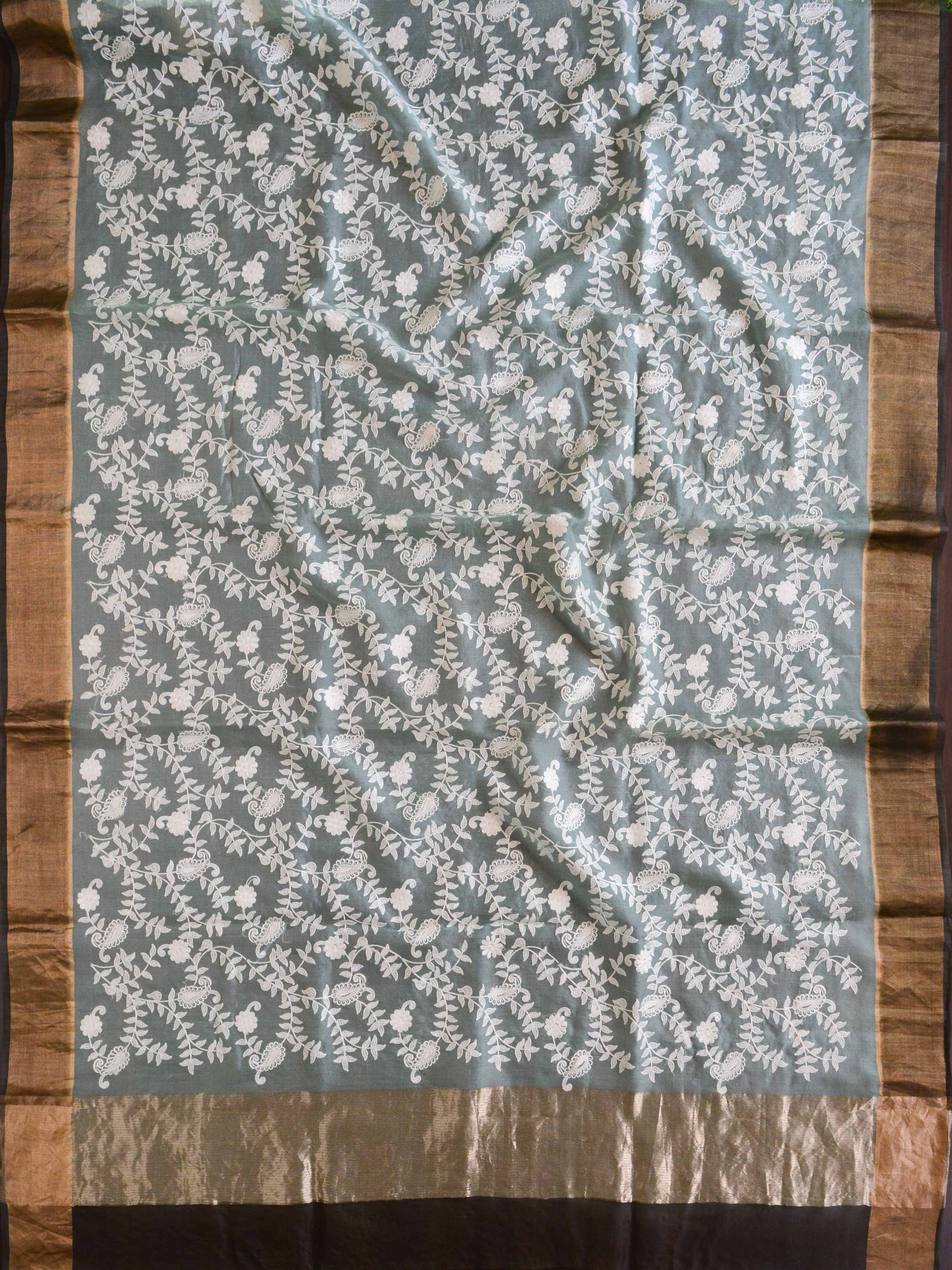 Banarasee Handwoven Pure Silk Cotton Chikankari Embroidery Saree-Green