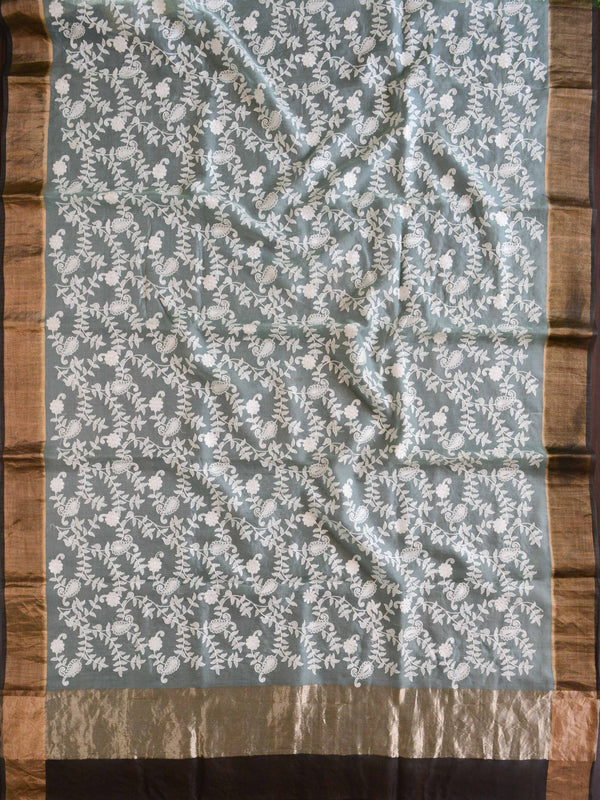 Banarasee Handwoven Pure Silk Cotton Chikankari Embroidery Saree-Green