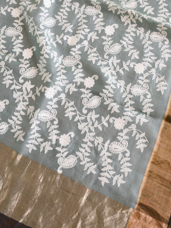 Banarasee Handwoven Pure Silk Cotton Chikankari Embroidery Saree-Green