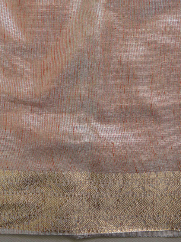 Banarasee Handwoven Broad Border Silver Zari Tissue Saree-Peach