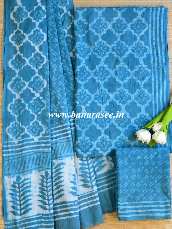 Handloom Mul Cotton Handblock Printed Suit Set-Blue