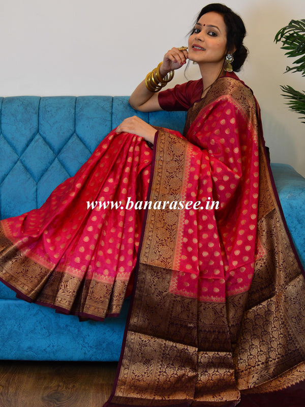 Banarasee Handwoven Semi-Chiffon Saree With Floral Zari Design-Pink & Brown