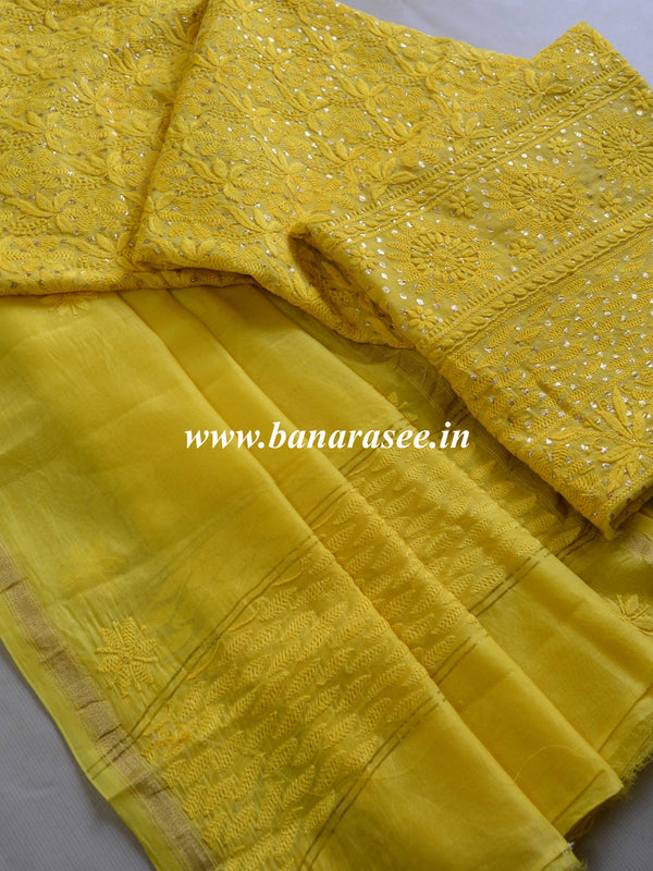 Chikankari & Zari Work Banarasee Chanderi Silk Dupatta Kameez Set-Yellow