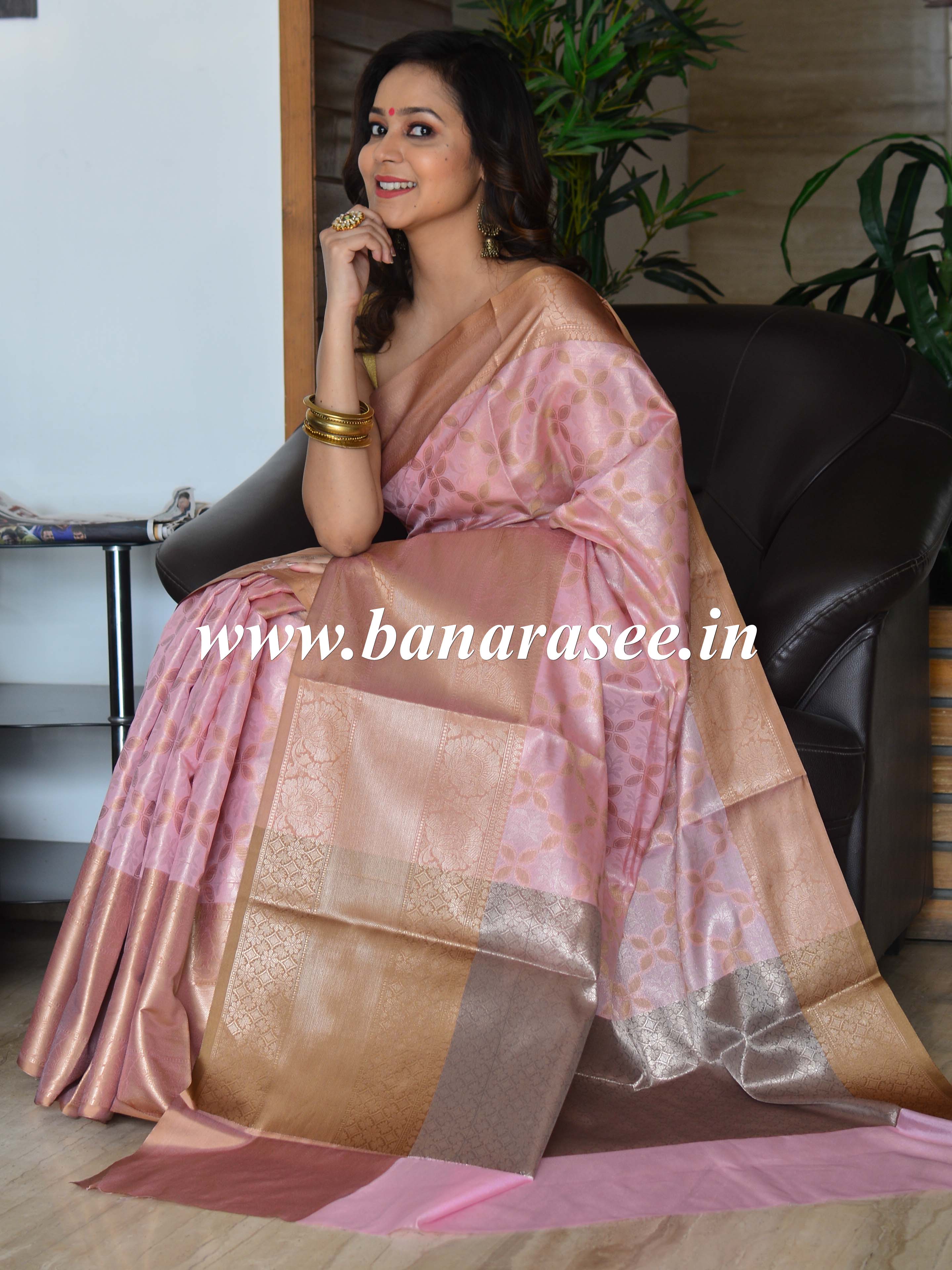 Banarasee Handwoven Contrast Border Pastel Color Saree With Self Weaving Design-Pink