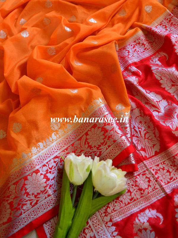 Banarasee Handwoven Semi-Chiffon Saree With Silver Zari-Orange & Red