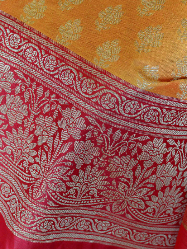 Banarasee Chanderi Cotton Zari Buta Contrast Border Design Salwar Kameez & Dupatta Set-Yellow & Red
