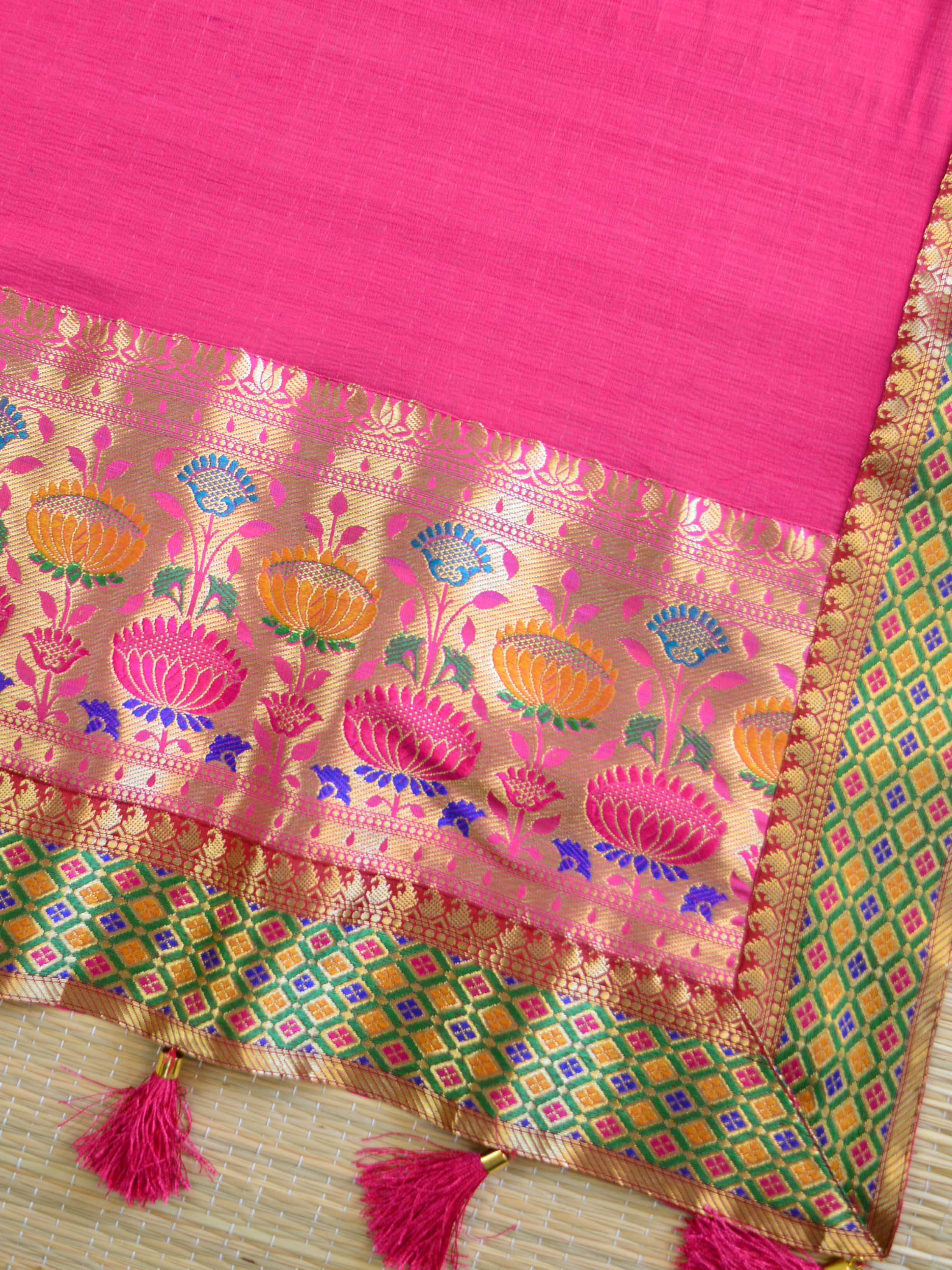 Banarasee Cotton Silk Salwar Kameez Fabric Paithani Border Design-Black & Pink