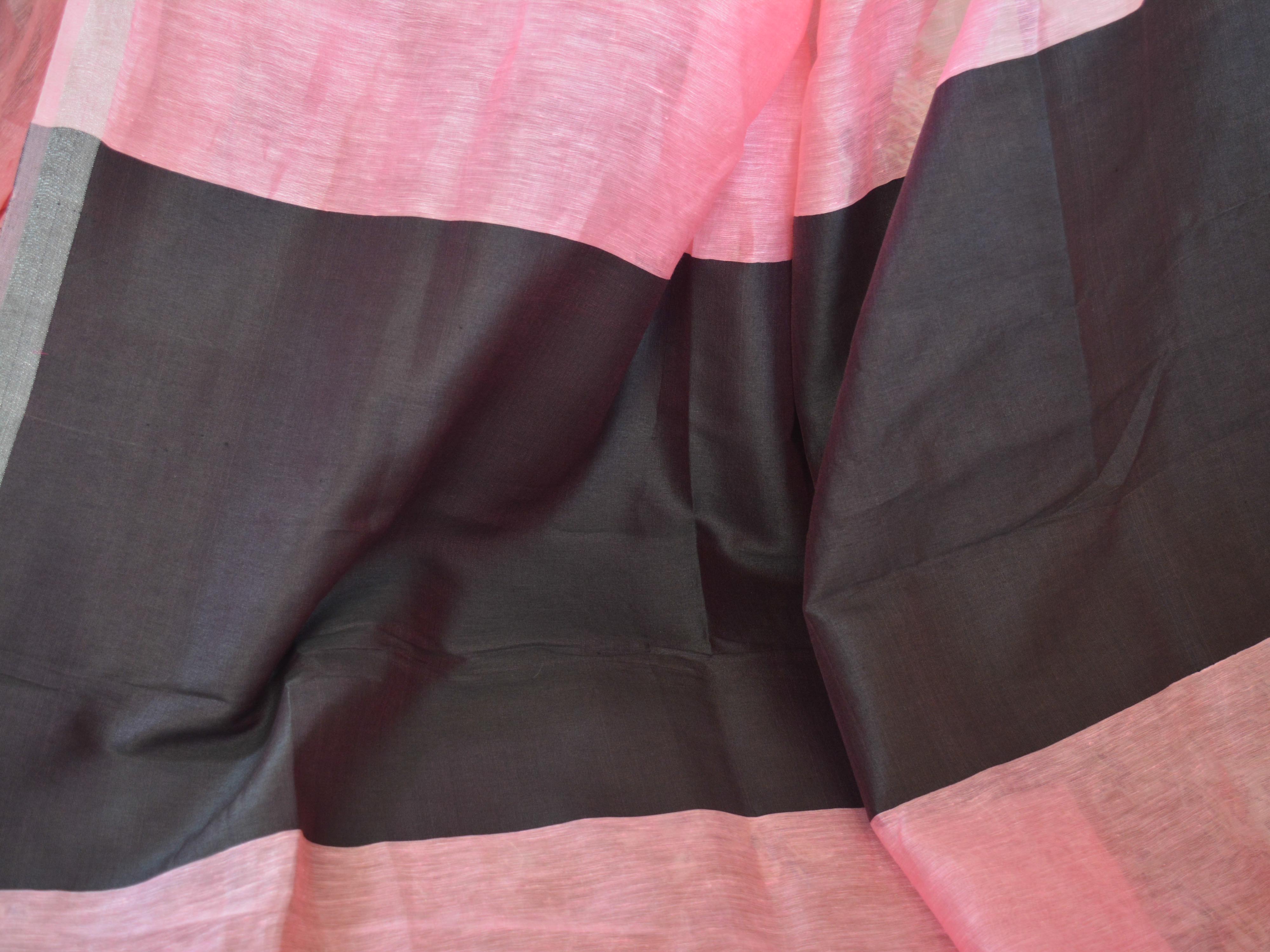 Bhagalpuri Handloom Pure Linen Silk Saree-Pink With Black