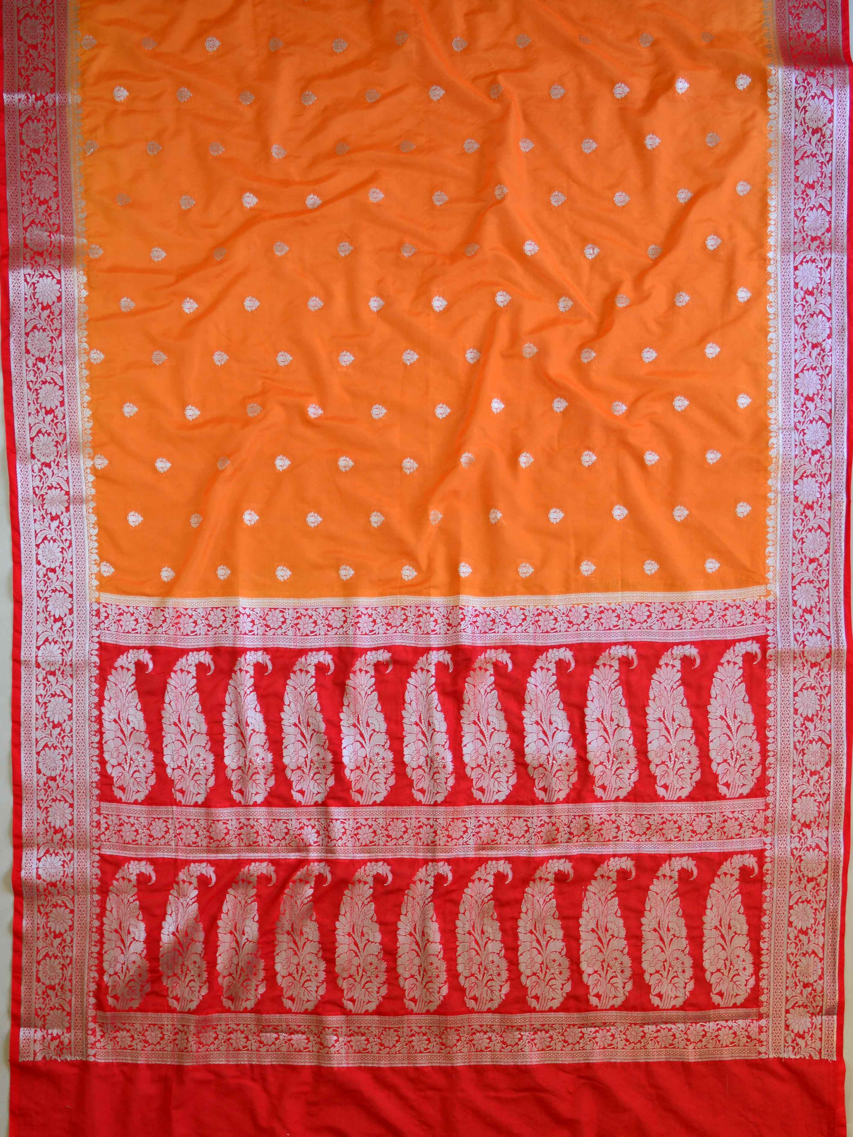 Banarasee Handwoven Semi-Chiffon Saree With Silver Zari-Orange & Red