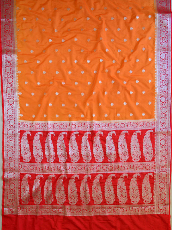 Banarasee Handwoven Semi-Chiffon Saree With Silver Zari-Orange & Red