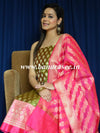 Banarasee Chanderi Cotton Zari Buta Contrast Border Design Salwar Kameez & Dupatta Set-Olive Green & Pink