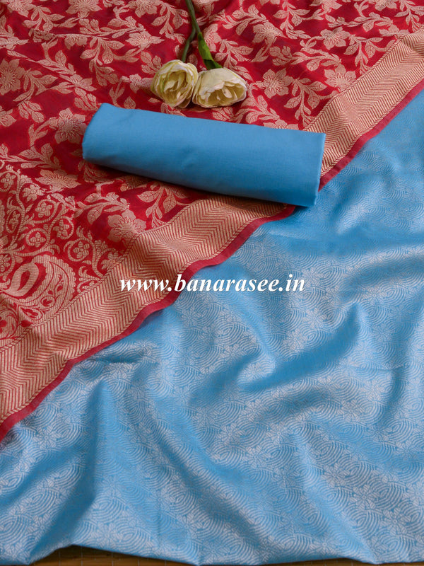 Banarasee Brocade Salwar Kameez Fabric With Cotton Silk Jaal Work Dupatta-Blue & Red