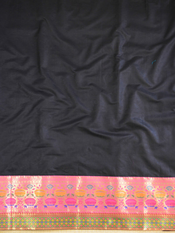 Banarasee Cotton Silk Salwar Kameez Fabric Paithani Border Design-Black & Pink