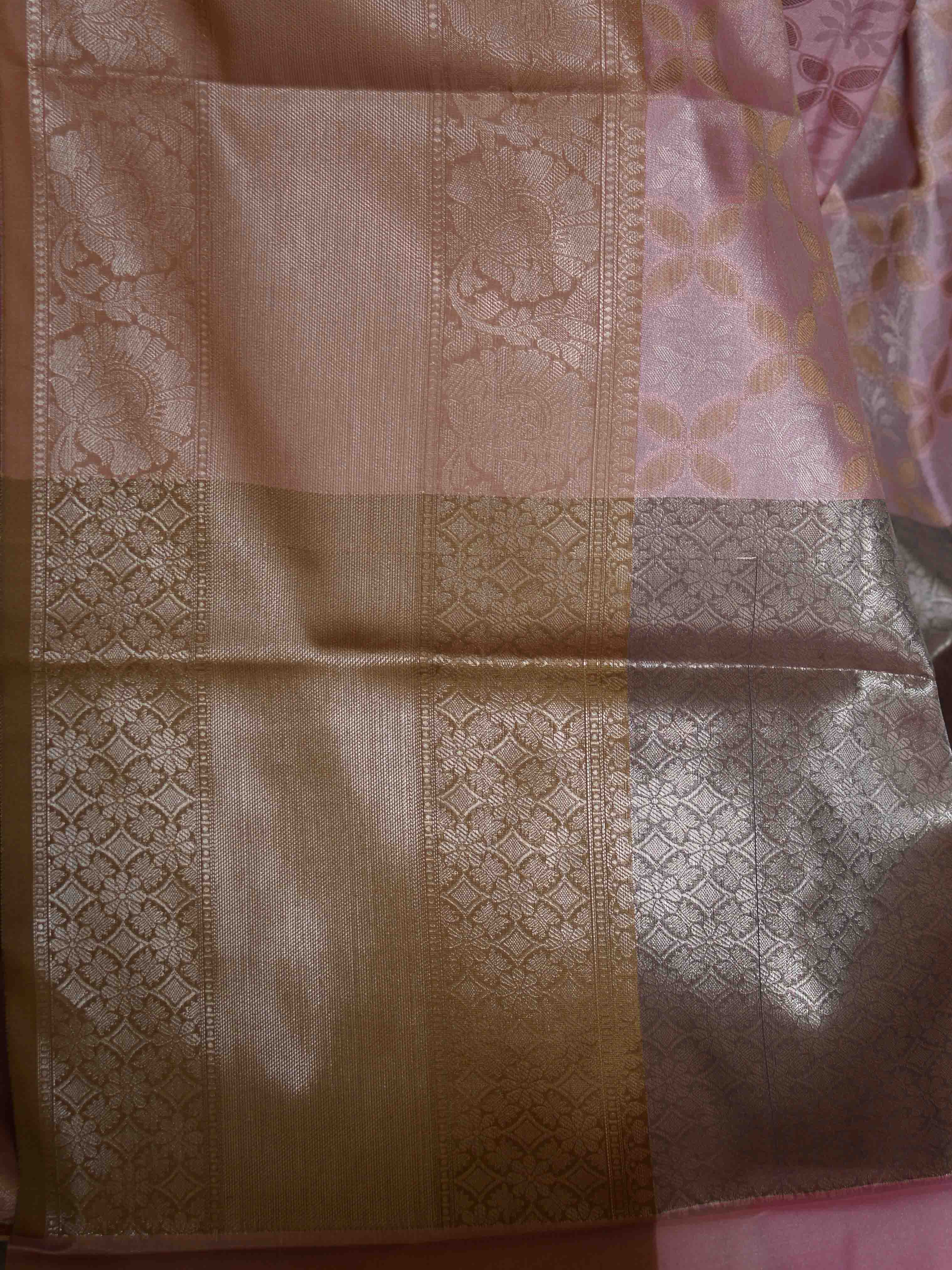 Banarasee Handwoven Contrast Border Pastel Color Saree With Self Weaving Design-Pink
