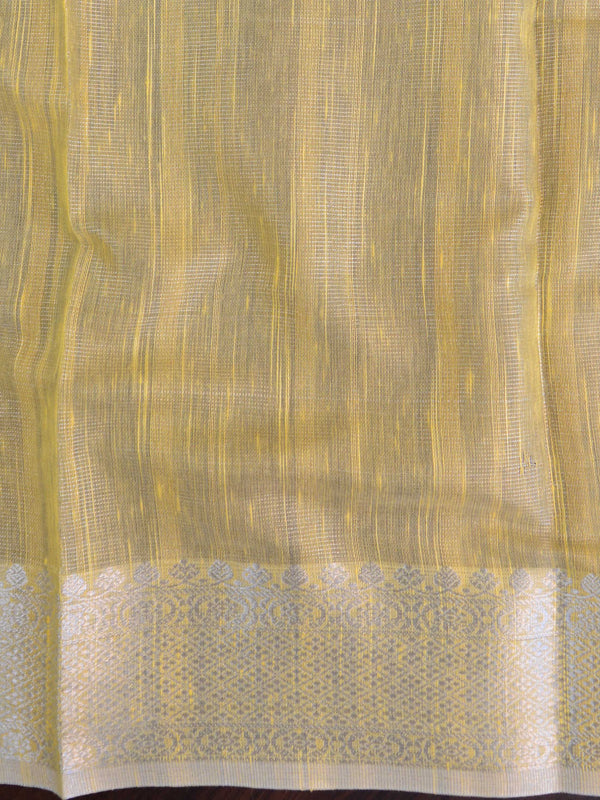 Banarasee Linen Cotton Saree With Embroidered Buta & Silver Zari Border-Yellow