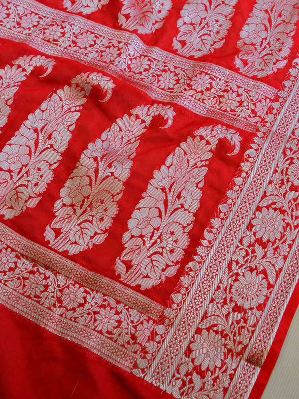 Banarasee Handwoven Semi-Chiffon Saree With Silver Zari-Orange & Red