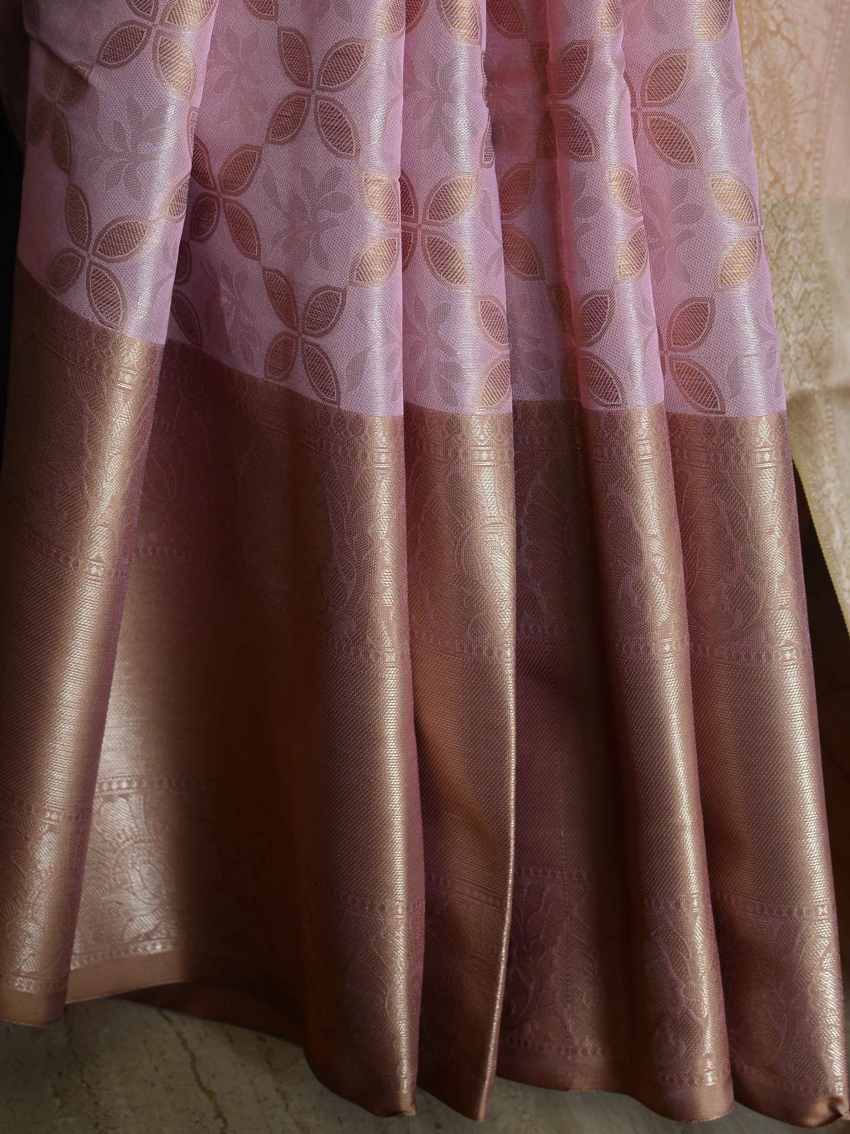 Banarasee Handwoven Contrast Border Pastel Color Saree With Self Weaving Design-Pink