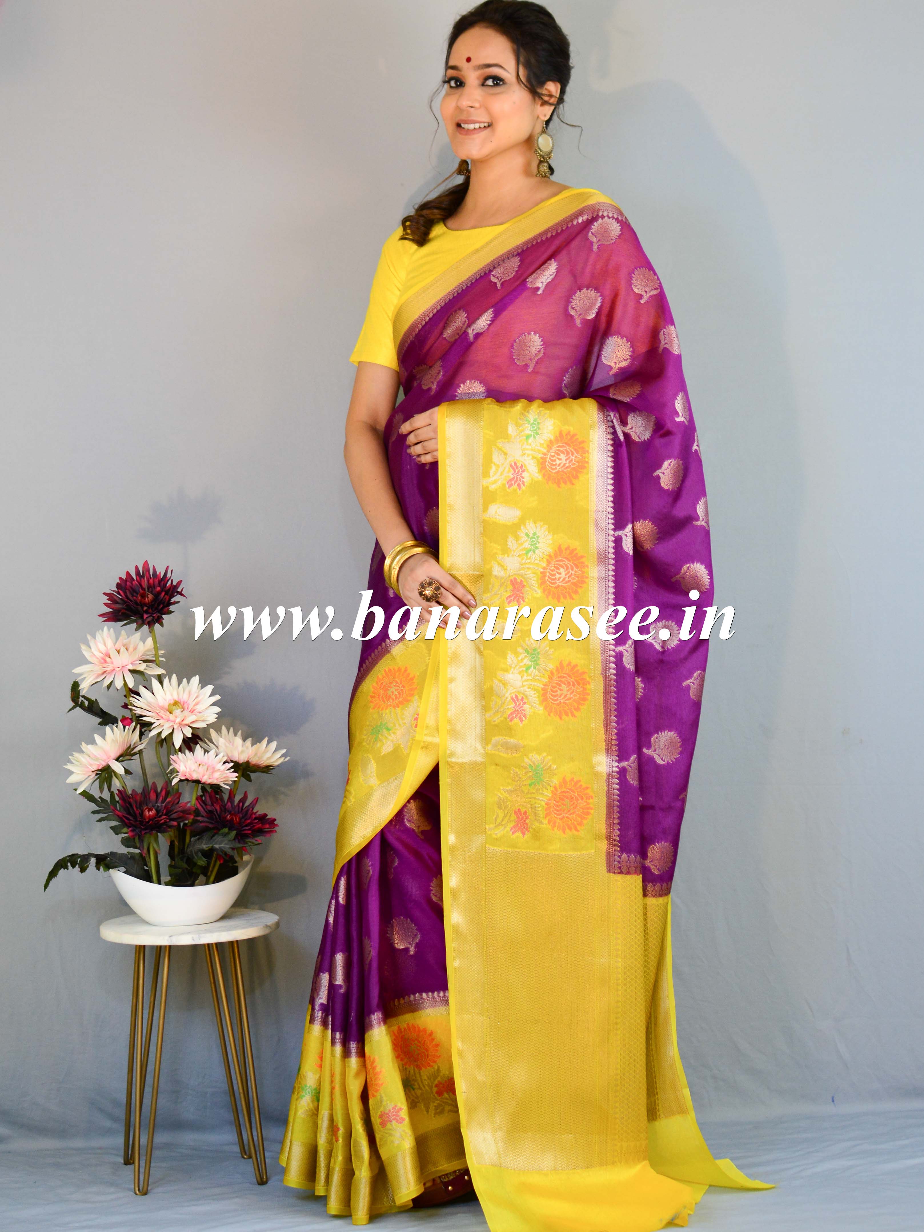 Banarasee Handwoven Semi-Chiffon Saree With Zari Buta & Contrast Border-Violet