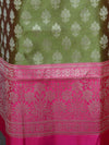 Banarasee Chanderi Cotton Zari Buta Contrast Border Design Salwar Kameez & Dupatta Set-Olive Green & Pink