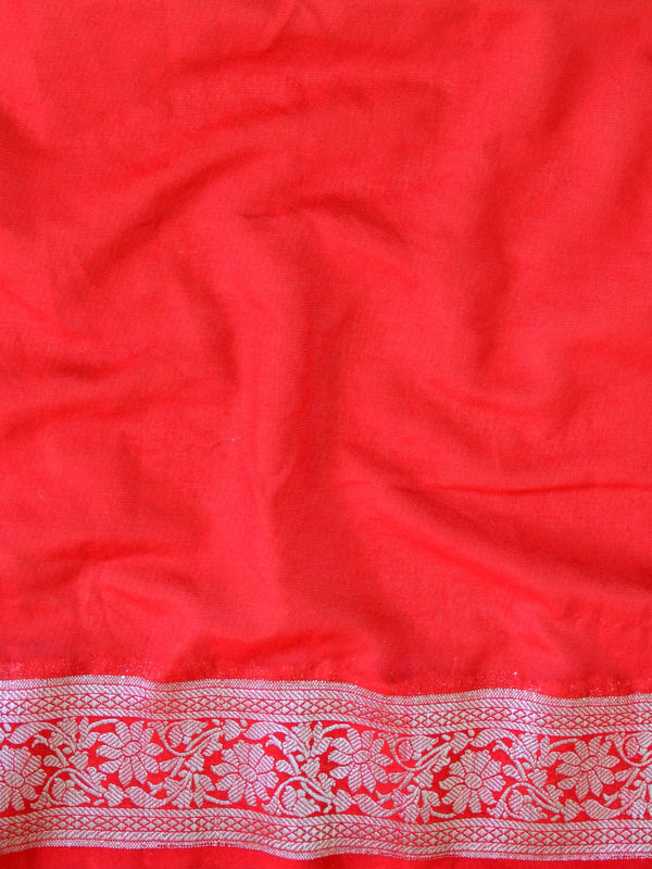 Banarasee Handwoven Semi-Chiffon Saree With Silver Zari-Orange & Red