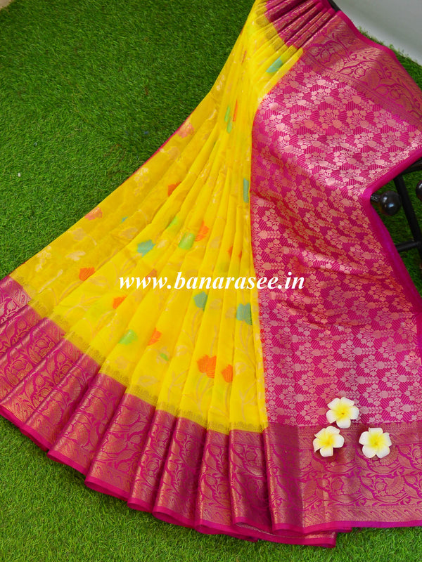 Banarasee Handwoven Semi Silk Saree With Contrast Border-Yellow & Pink