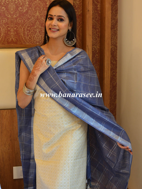Bhagalpuri Cotton Suit Set With Ghichha Jaal Kameez & Linen Dupatta-Grey & Off White