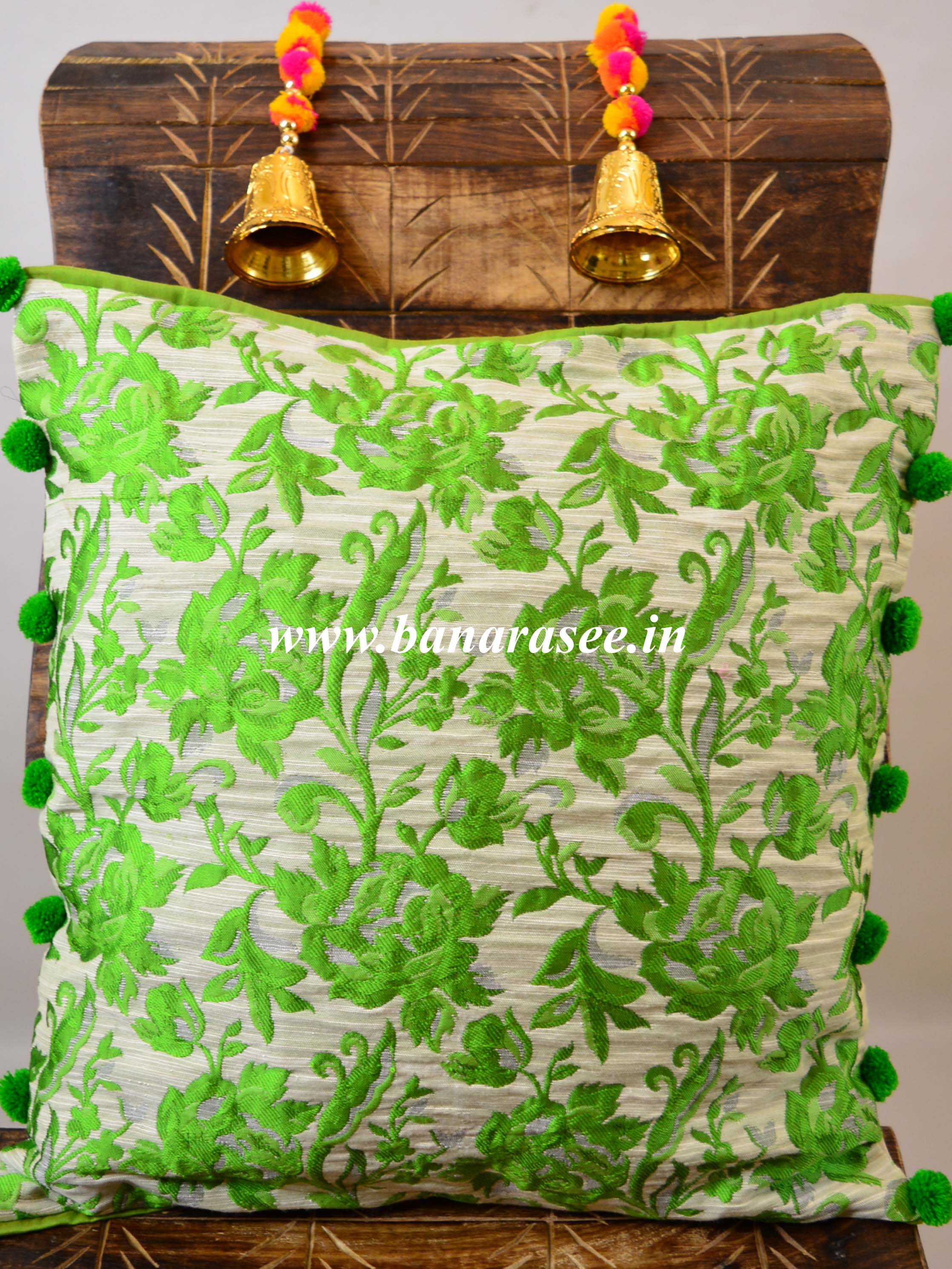Banarasee Resham Brocade Piping & Pom-Pom Detail Cushion Cover-Beige & Green