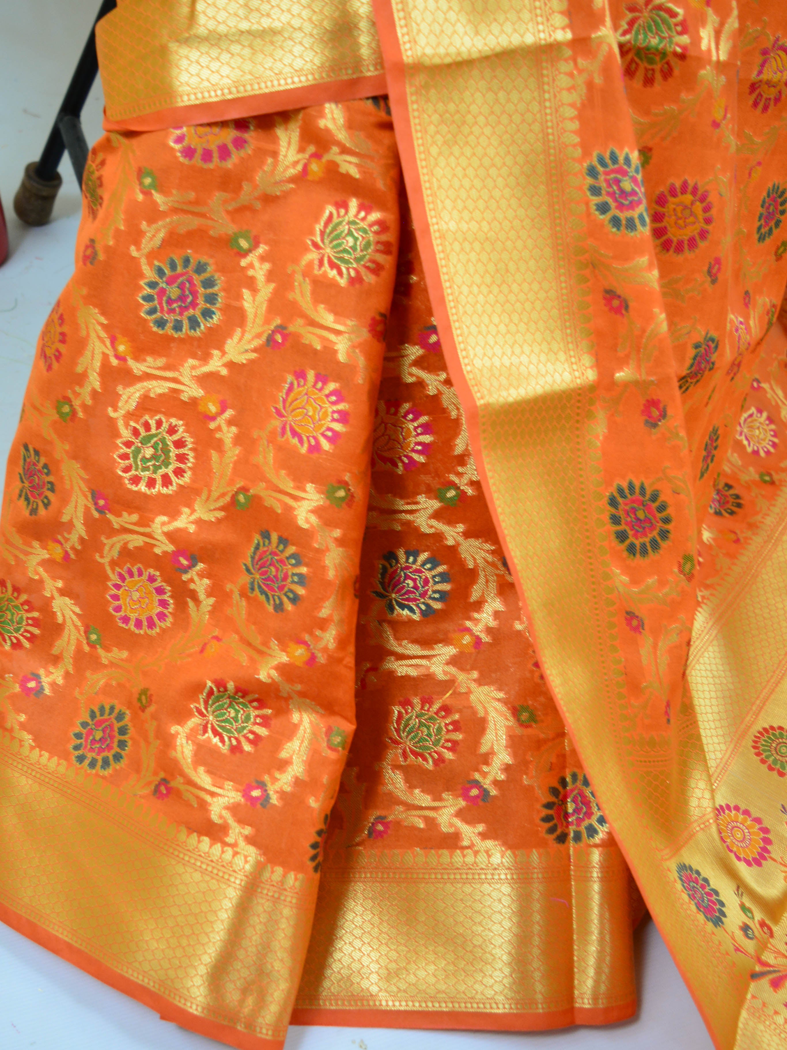 Banarasee Faux Georgette Saree With Meena Floral Jaal Work-Orange