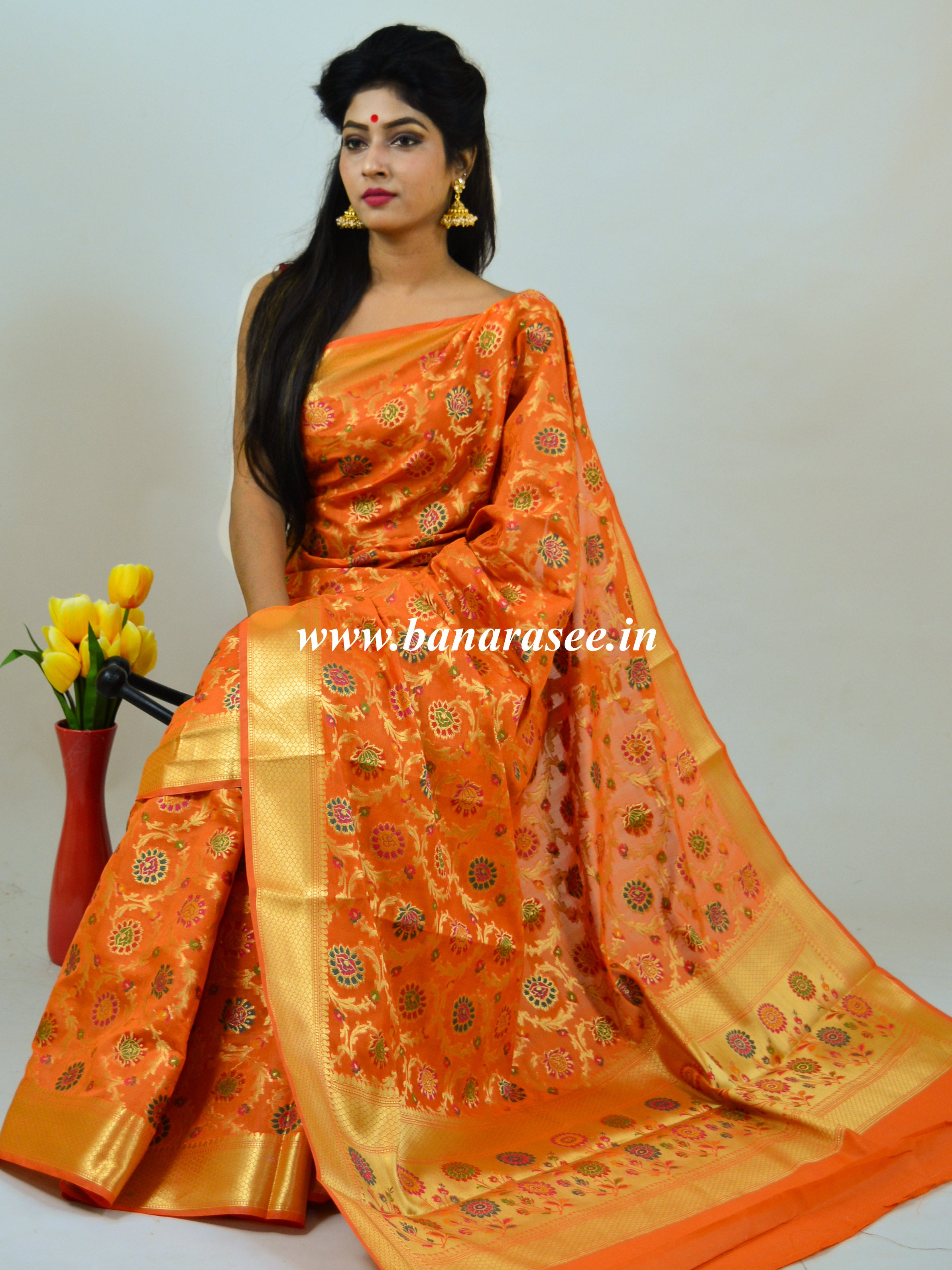 Banarasee Faux Georgette Saree With Meena Floral Jaal Work-Orange